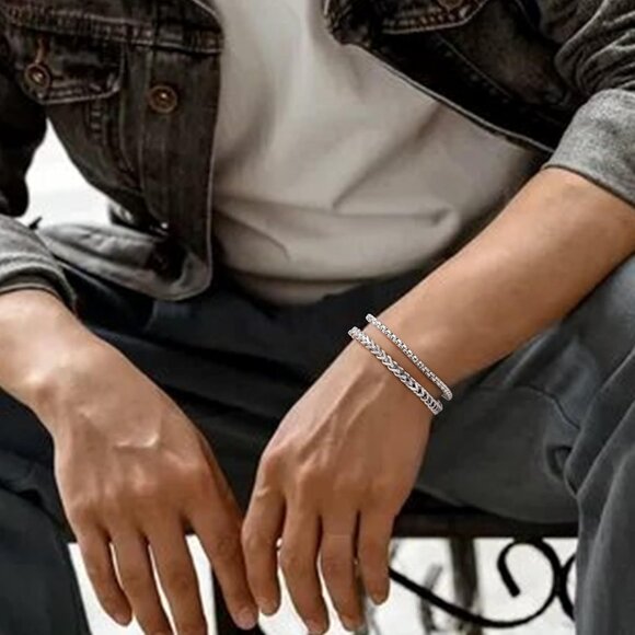 2Pcs Silver Cuban Link Bracelets for Men Stainless Steel Adjustable Non Tarnish - Picture 5 of 7